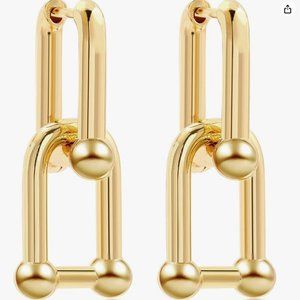 Gold Plated Ball U Shaped Pin Chunky Link Chain Hoop Earrings
